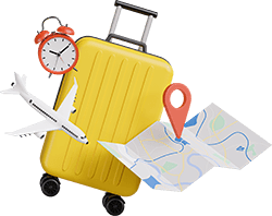 Suitcase, airplane, map, and travel location marker